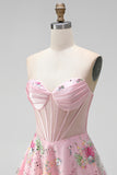 A-Line Pink Strapless Sheer Corset Graduation Dress with Sequins