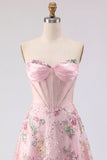 A-Line Pink Strapless Sheer Corset Graduation Dress with Sequins
