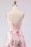 A-Line Pink Strapless Sheer Corset Graduation Dress with Sequins