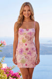 Sparkly Pink Bodycon Spaghetti Straps Floral Cocktail Dress with Sequins