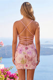 Sparkly Pink Bodycon Spaghetti Straps Floral Cocktail Dress with Sequins