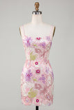 Sparkly Pink Bodycon Spaghetti Straps Floral Cocktail Dress with Sequins