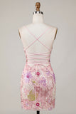 Sparkly Pink Bodycon Spaghetti Straps Floral Cocktail Dress with Sequins