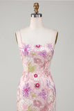 Sparkly Pink Bodycon Spaghetti Straps Floral Cocktail Dress with Sequins