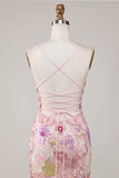 Sparkly Pink Bodycon Spaghetti Straps Floral Cocktail Dress with Sequins