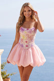 Strapless Pink Floral A-Line Graduation Dress with Lace Up Back