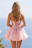 Strapless Pink Floral A-Line Graduation Dress with Lace Up Back