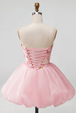 Strapless Pink Floral A-Line Graduation Dress with Lace Up Back