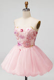 Strapless Pink Floral A-Line Graduation Dress with Lace Up Back
