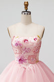 Strapless Pink Floral A-Line Graduation Dress with Lace Up Back