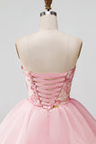 Strapless Pink Floral A-Line Graduation Dress with Lace Up Back