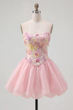 Strapless Pink Floral A-Line Graduation Dress with Lace Up Back
