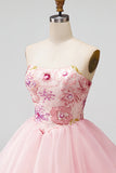 Strapless Pink Floral A-Line Graduation Dress with Lace Up Back