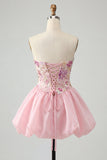 Strapless Pink Floral A-Line Graduation Dress with Lace Up Back