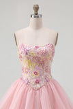 Strapless Pink Floral A-Line Graduation Dress with Lace Up Back