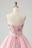 Strapless Pink Floral A-Line Graduation Dress with Lace Up Back