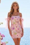 Pink Off the Shoulder Bodycon Floral Cocktail Dress with Sequins