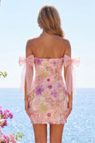 Pink Off the Shoulder Bodycon Floral Cocktail Dress with Sequins