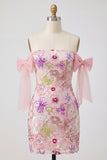 Pink Off the Shoulder Bodycon Floral Cocktail Dress with Sequins