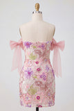Pink Off the Shoulder Bodycon Floral Cocktail Dress with Sequins
