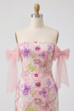 Pink Off the Shoulder Bodycon Floral Cocktail Dress with Sequins
