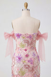 Pink Off the Shoulder Bodycon Floral Cocktail Dress with Sequins