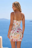 Ivory Floral Spaghetti Straps Bodycon Graduation Dress with Sequins