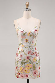 Ivory Floral Spaghetti Straps Bodycon Graduation Dress with Sequins