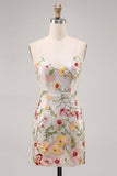Ivory Floral Spaghetti Straps Bodycon Graduation Dress with Sequins