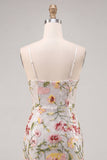 Ivory Floral Spaghetti Straps Bodycon Graduation Dress with Sequins