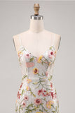 Ivory Floral Spaghetti Straps Bodycon Graduation Dress with Sequins