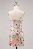 Ivory Floral Spaghetti Straps Bodycon Graduation Dress with Sequins
