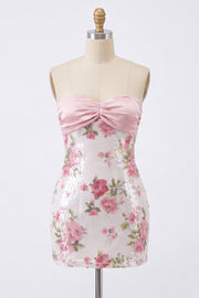 Strapless Light Pink Bodycon Mini Party Dress with Sequins