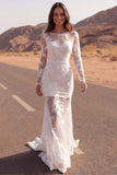 Ivory Mermaid Sheer Sheer Embroidered Long Sleeves Boho Wedding Dress