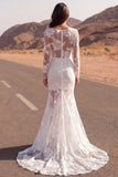 Ivory Mermaid Sheer Sheer Embroidered Long Sleeves Boho Wedding Dress