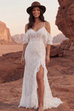 Ivory Lace Cold Shoulder Mermaid Ruffled Boho Wedding Dress with Slit