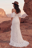 Ivory Lace Cold Shoulder Mermaid Ruffled Boho Wedding Dress with Slit