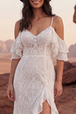 Ivory Lace Cold Shoulder Mermaid Ruffled Boho Wedding Dress with Slit