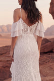 Ivory Lace Cold Shoulder Mermaid Ruffled Boho Wedding Dress with Slit