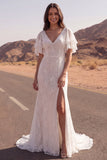 Lace Ivory Mermaid Short Sleeves Boho Wedding Dress with Slit