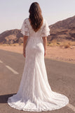 Lace Ivory Mermaid Short Sleeves Boho Wedding Dress with Slit