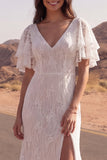 Lace Ivory Mermaid Short Sleeves Boho Wedding Dress with Slit