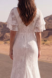 Lace Ivory Mermaid Short Sleeves Boho Wedding Dress with Slit