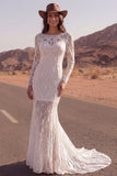 Ivory Lace Mermaid Long Sleeves Boho Wedding Dress