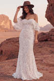 Off The Shoulder Ivory Lace Mermaid Ruffled Boho Wedding Dress