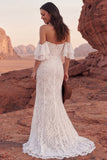 Off The Shoulder Ivory Lace Mermaid Ruffled Boho Wedding Dress