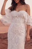 Off The Shoulder Ivory Lace Mermaid Ruffled Boho Wedding Dress