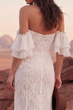 Off The Shoulder Ivory Lace Mermaid Ruffled Boho Wedding Dress