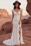 Ivory Mermaid Lace Flutter Sleeves Boho Wedding Dress with Ruffle Slit