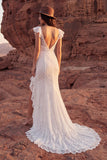Ivory Mermaid Lace Flutter Sleeves Boho Wedding Dress with Ruffle Slit